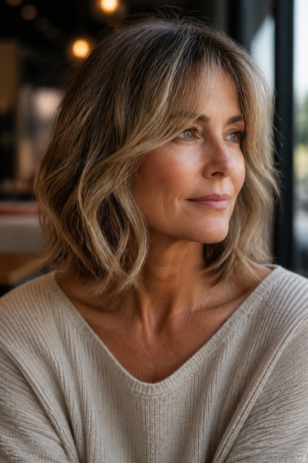 Close-up of collarbone-length lob with curtain bangs on a real woman
