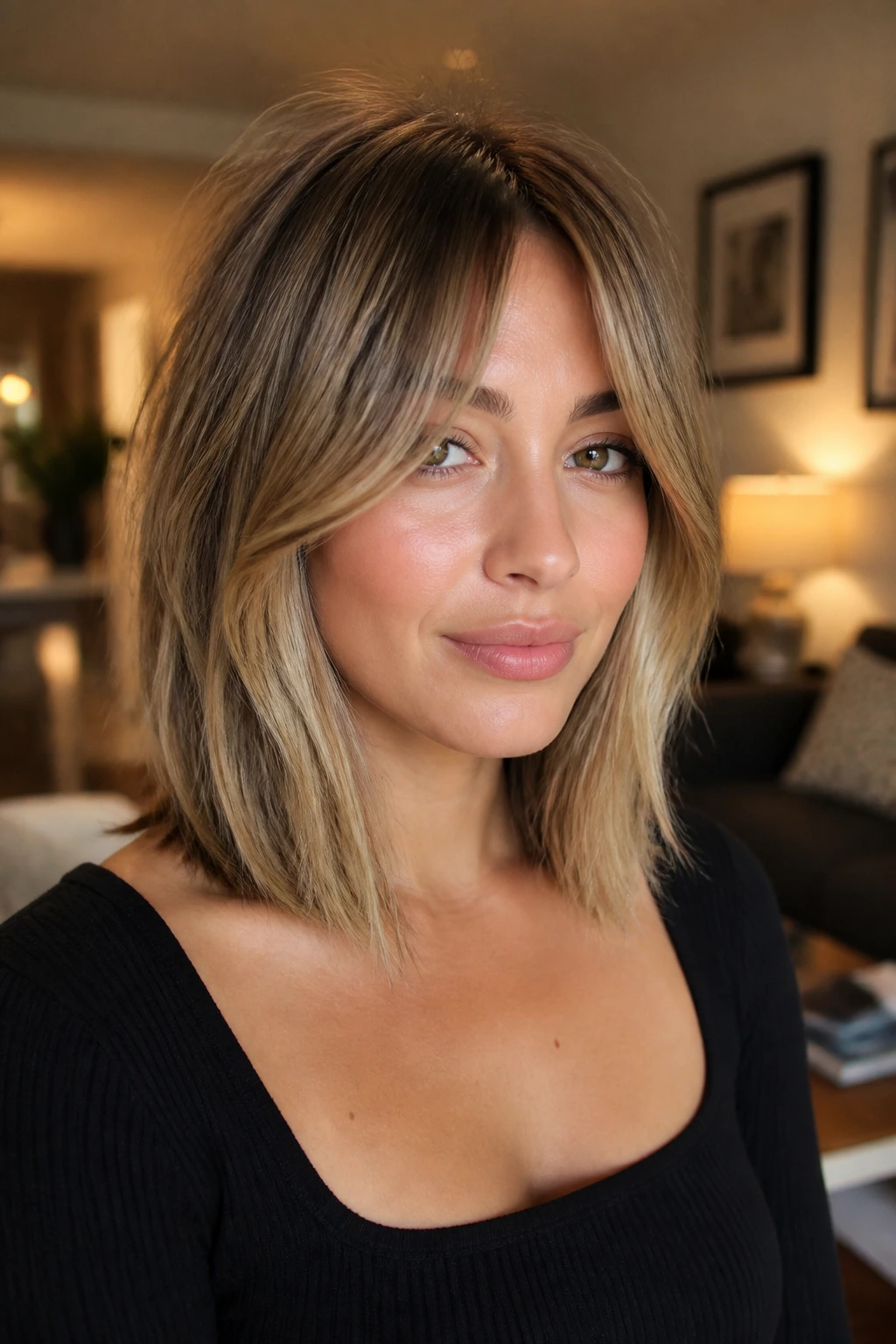 Real woman with collarbone-length stacked lob and long curtain fringe
