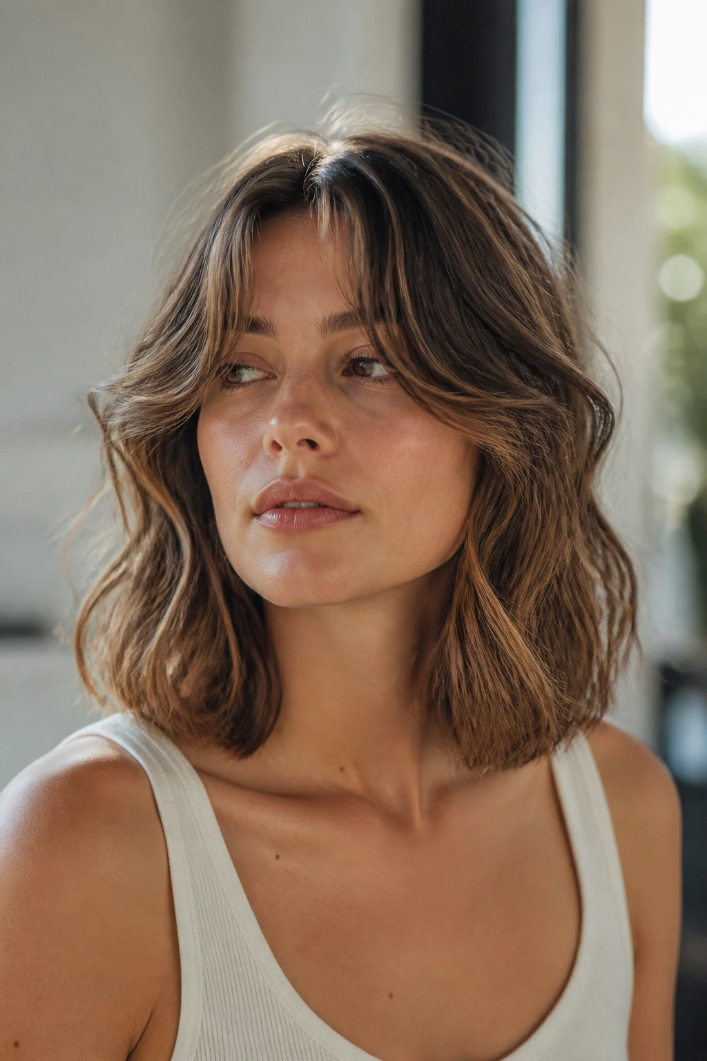 Real person with collarbone-length lob and curtain layers framing the face