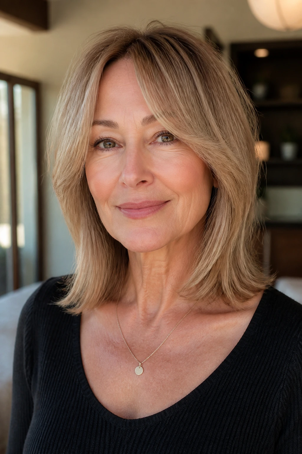 Real woman wearing collarbone-length lob with soft curtain layers