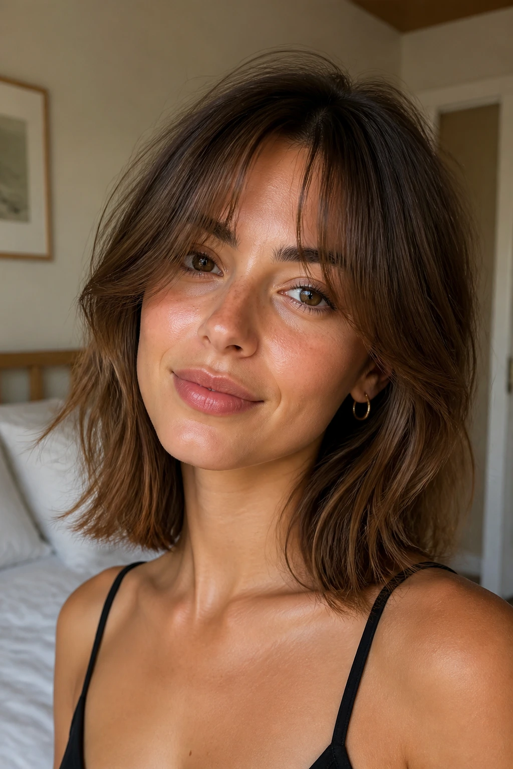 Close-up portrait of a real woman with collarbone-length lob and airy curtain bangs