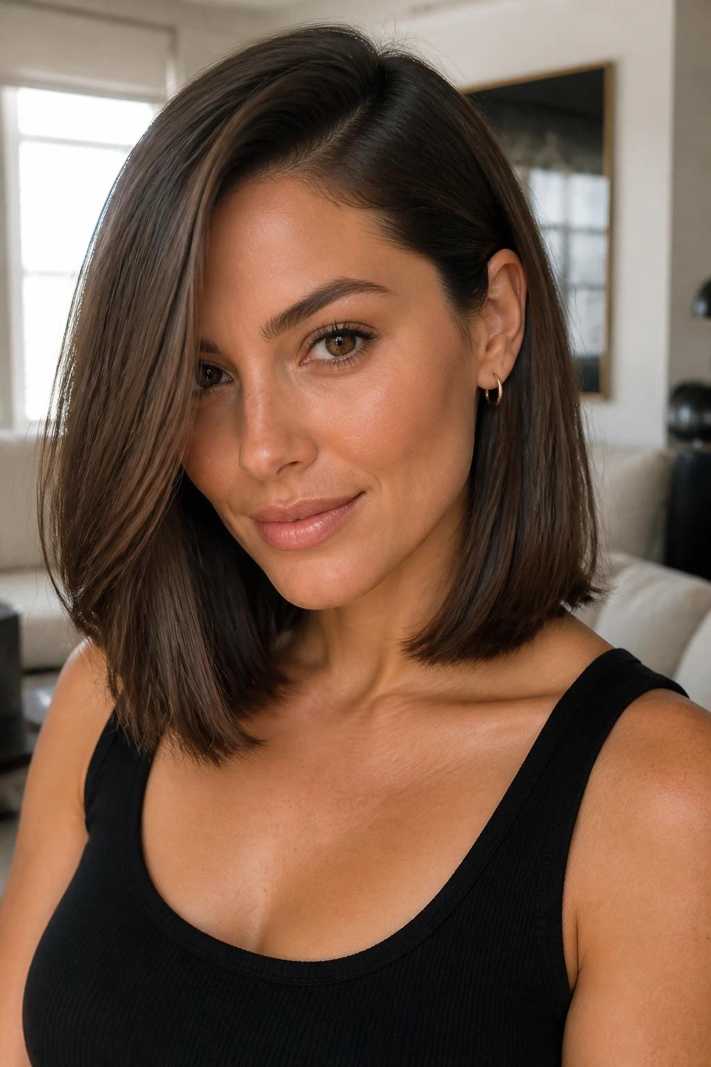 Close-up of a real woman with a collarbone-length lob and deep side part