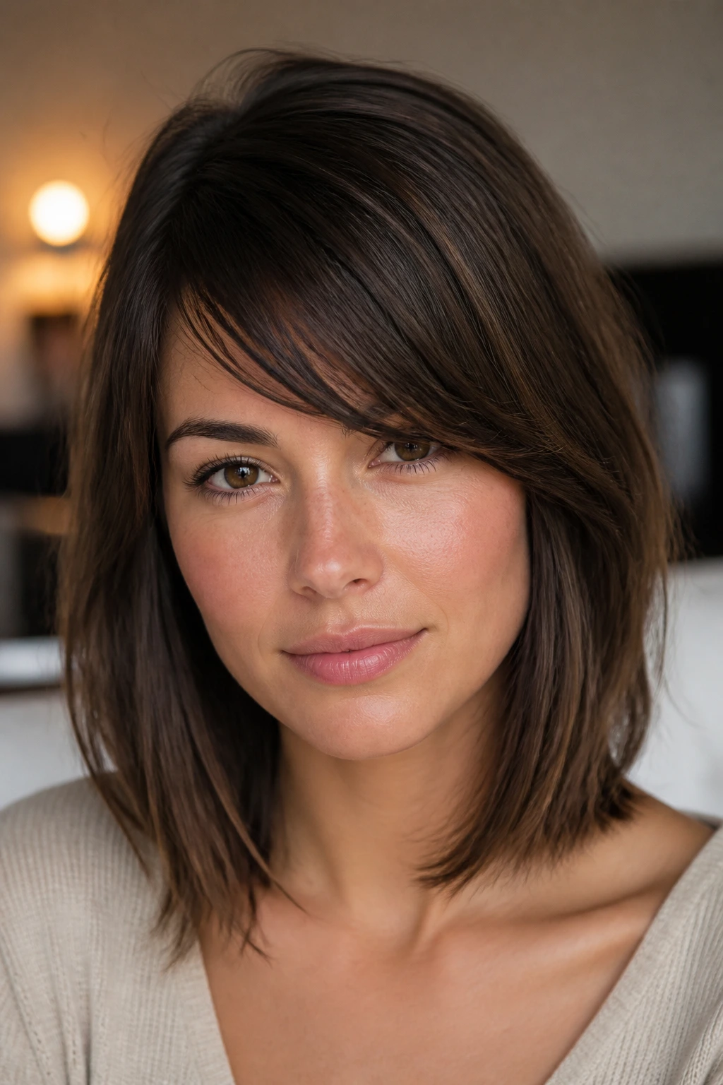 Real woman with collarbone-length lob and long diagonal fringe