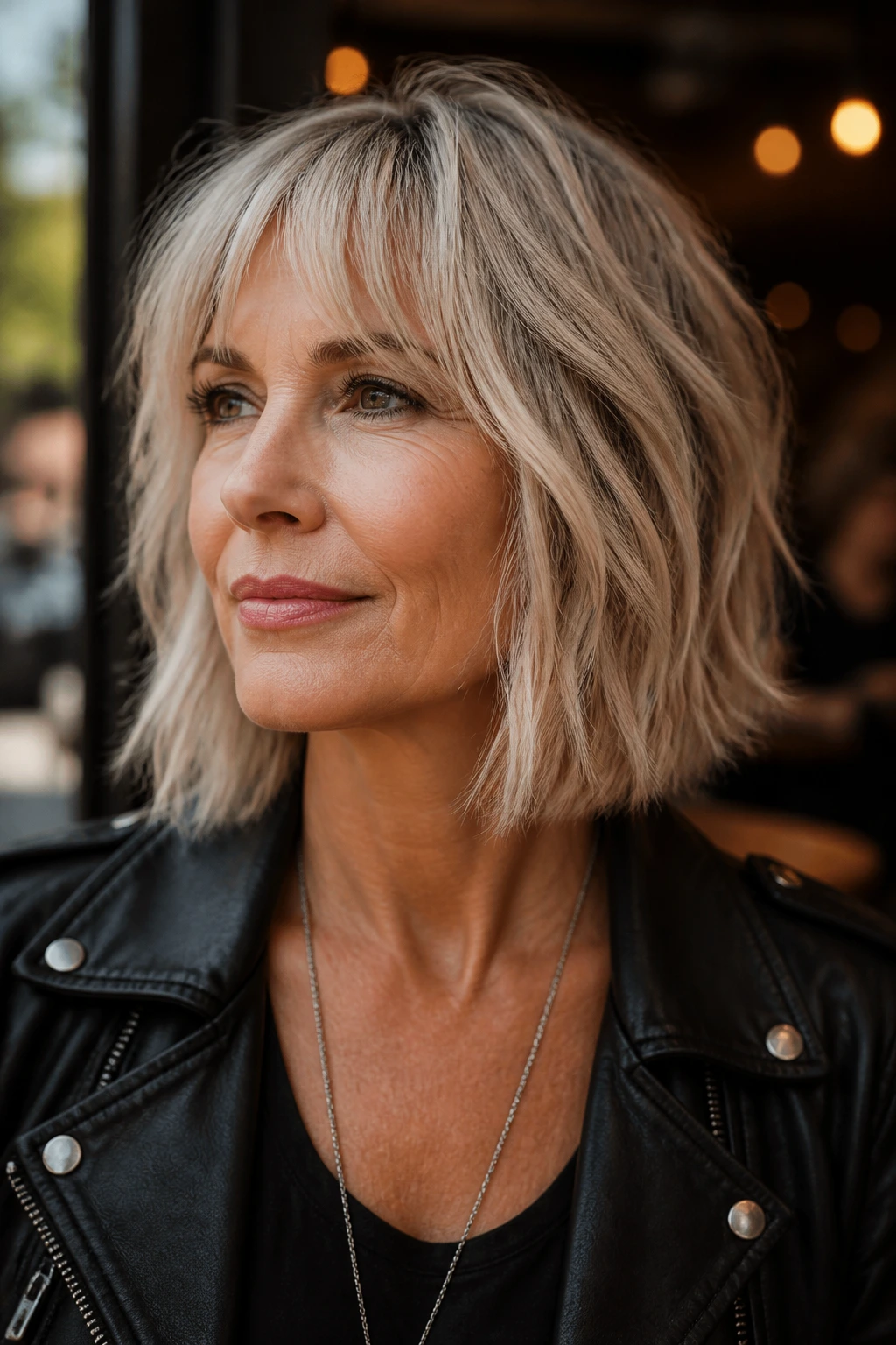 Close-up portrait of a woman with a collarbone-length lob with edge and sliced ends