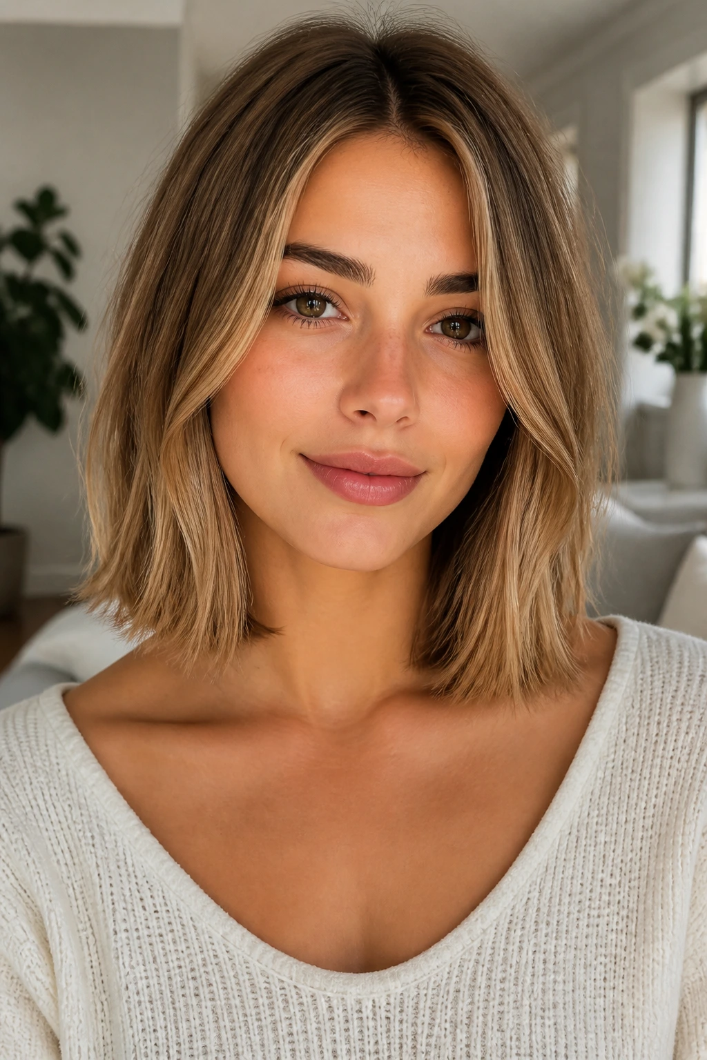 Real woman with a collarbone-length lob and soft ends in bright room