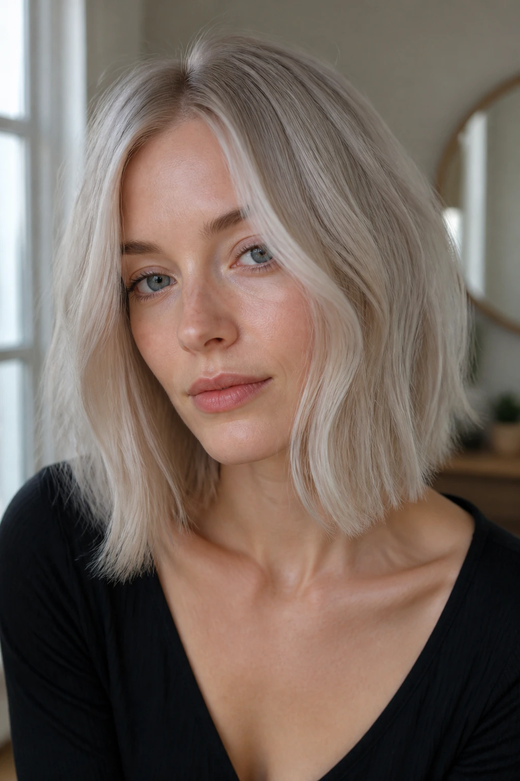 Portrait of a real person with collarbone-length lob in steel blonde