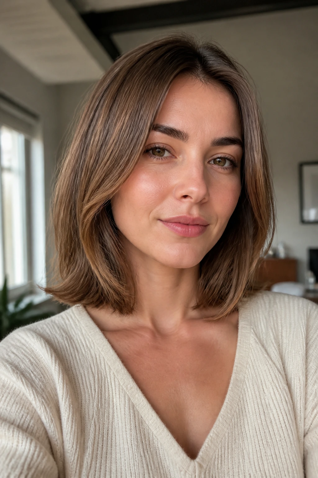 Portrait of woman with collarbone-length lob in everyday setting