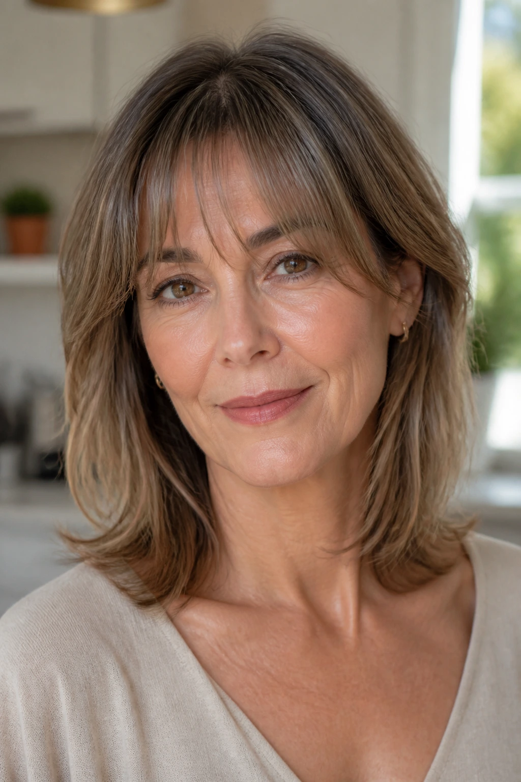 Close-up of a real woman with a collarbone-length lob and feather-light bangs