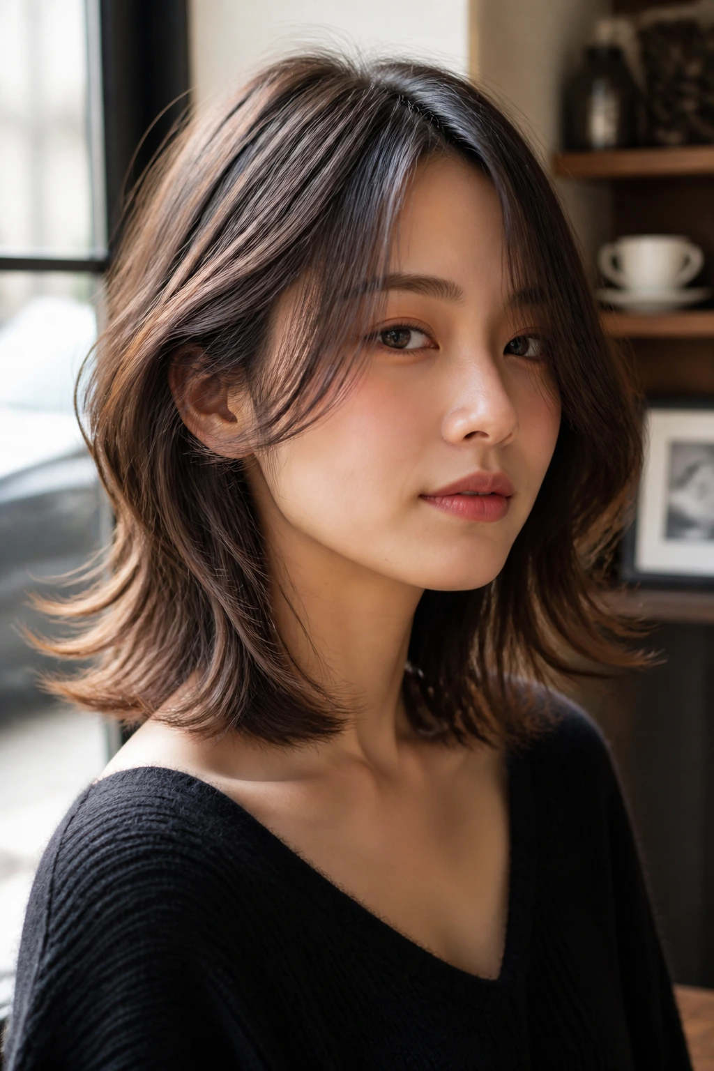 Real woman with collarbone-length face-frame lob and long side-swept bangs.