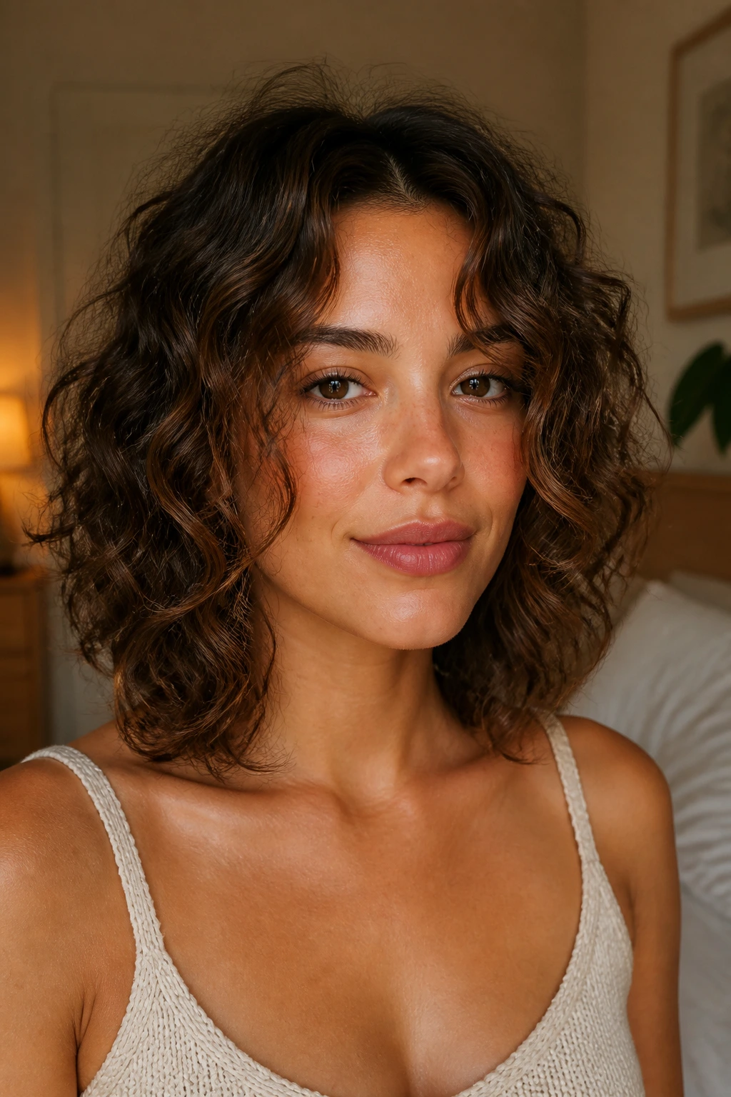 Close-up of collarbone-length curly lob with face-framing ribbons on a real woman.