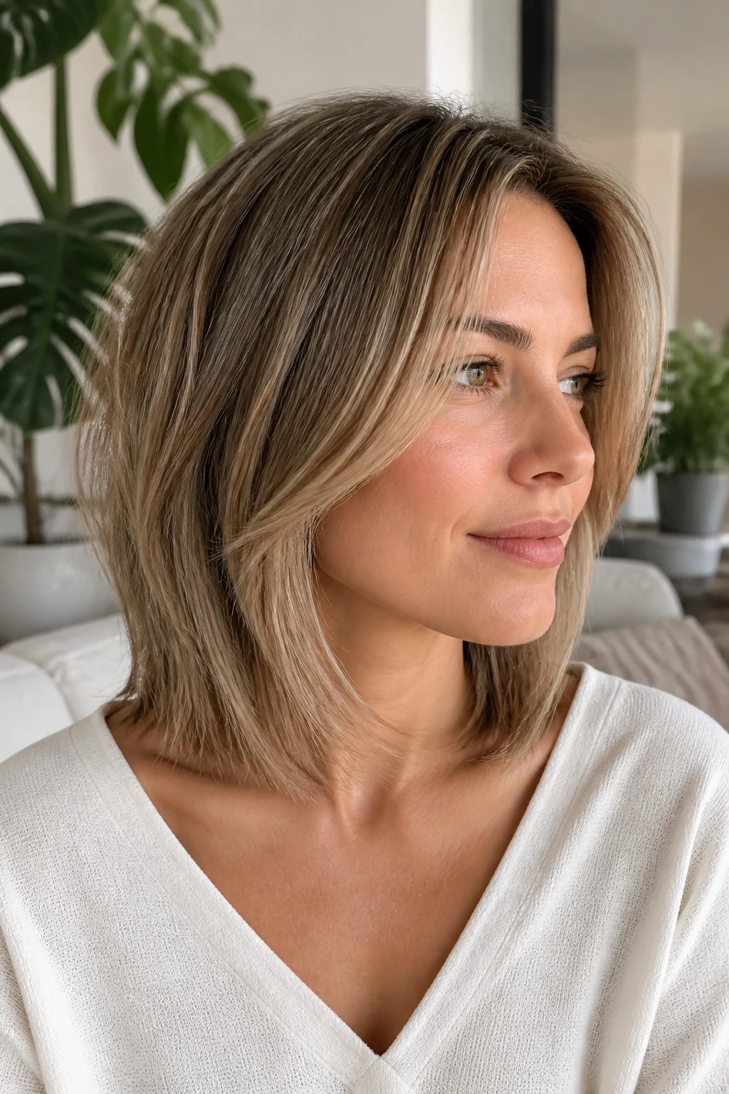 Head-and-shoulders portrait of a real woman with a collarbone-length lob and face-framing pieces.