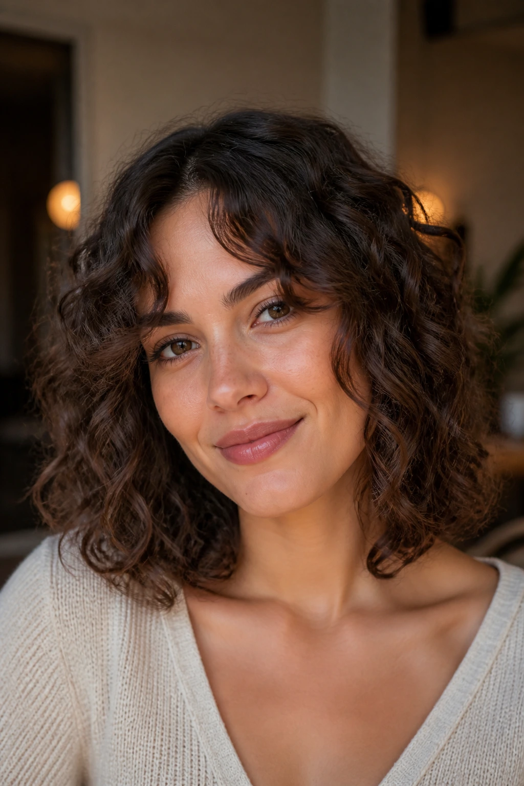 Portrait of a real person with a collarbone-length lob and soft face-framing pieces