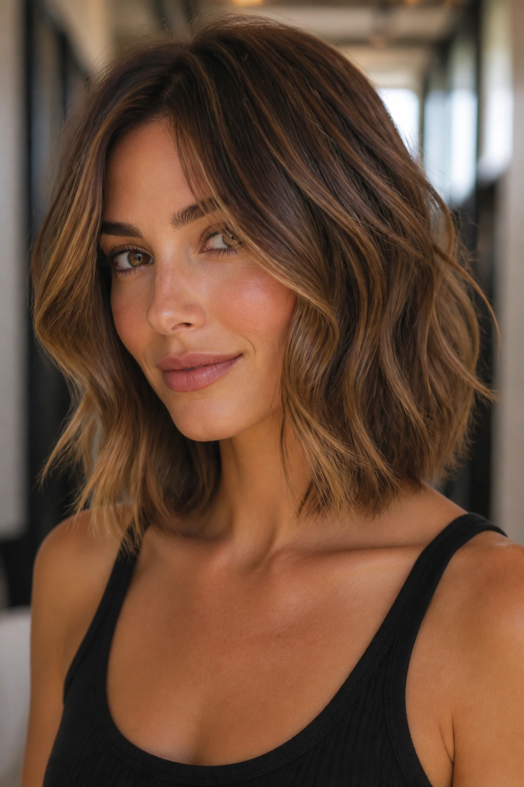 Collarbone-length lob with face-framing pieces on real woman