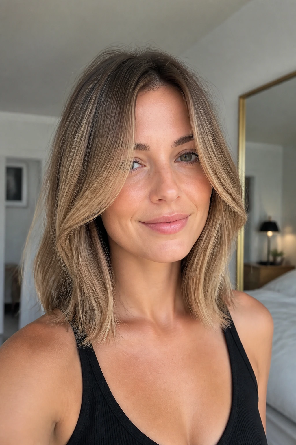 Real woman wearing collarbone-length lob with long face-framing layers, close-up