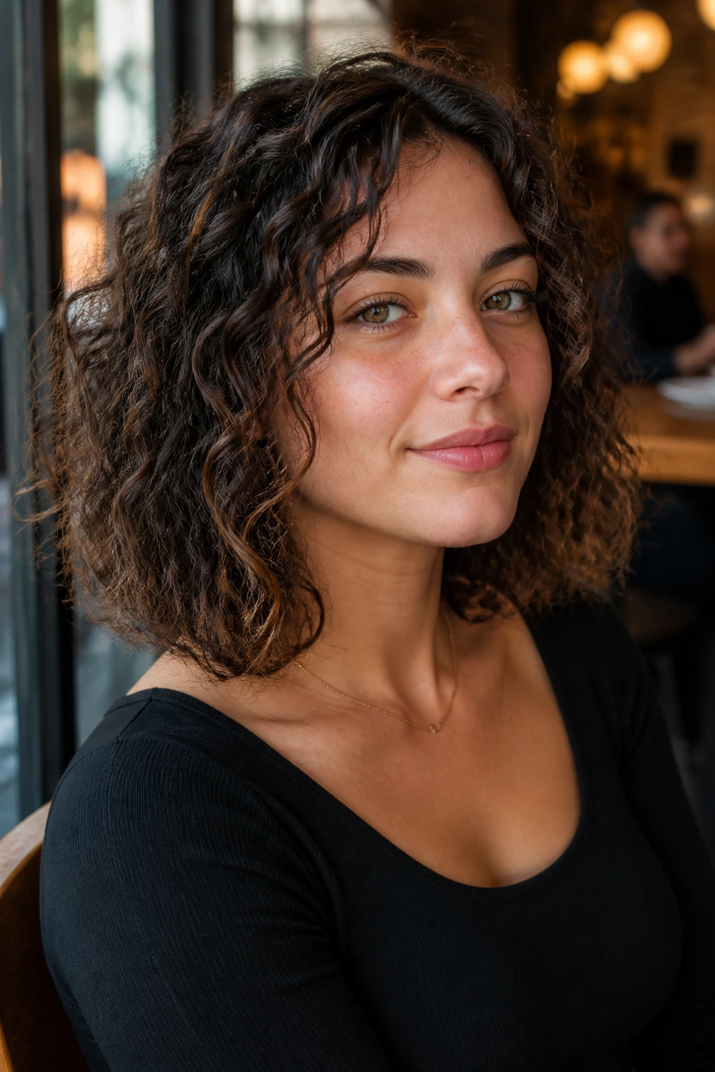 Real woman with a collarbone-length lob and face-framing pieces in an urban cafe