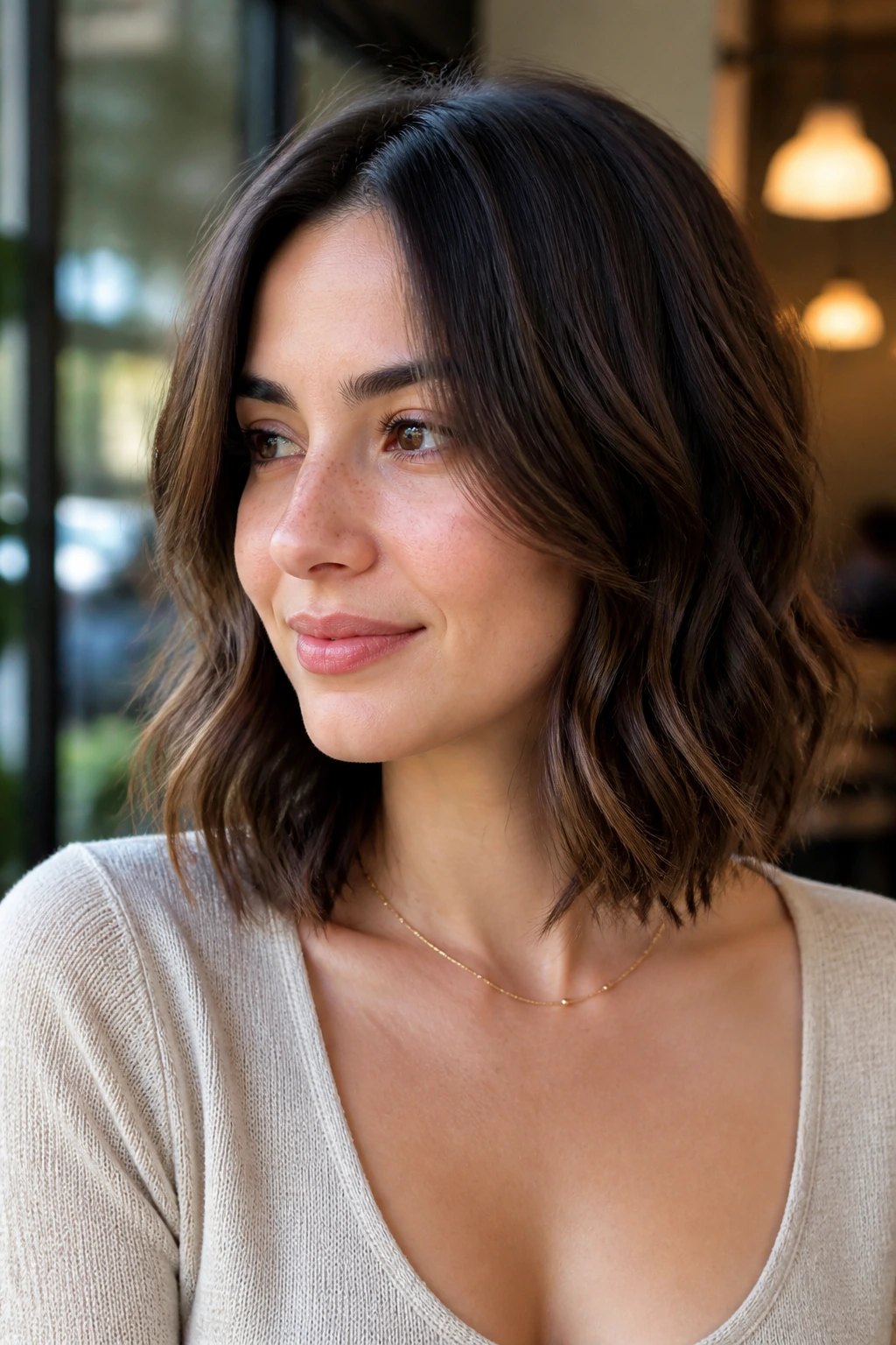 Portrait of a woman with collarbone-length curled lob and face-framing pieces