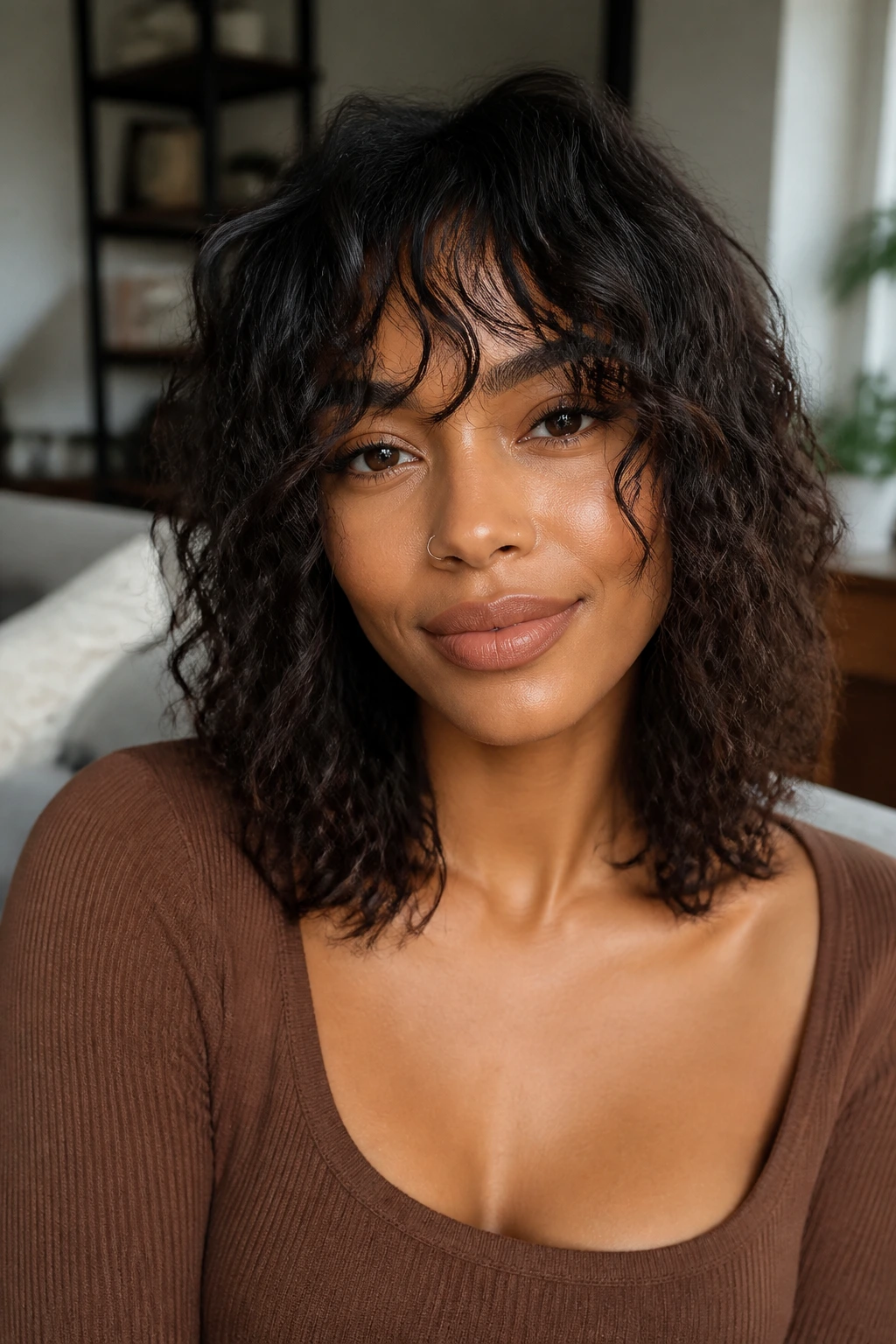 Close-up portrait of a real woman with collarbone-length lob and soft fringe