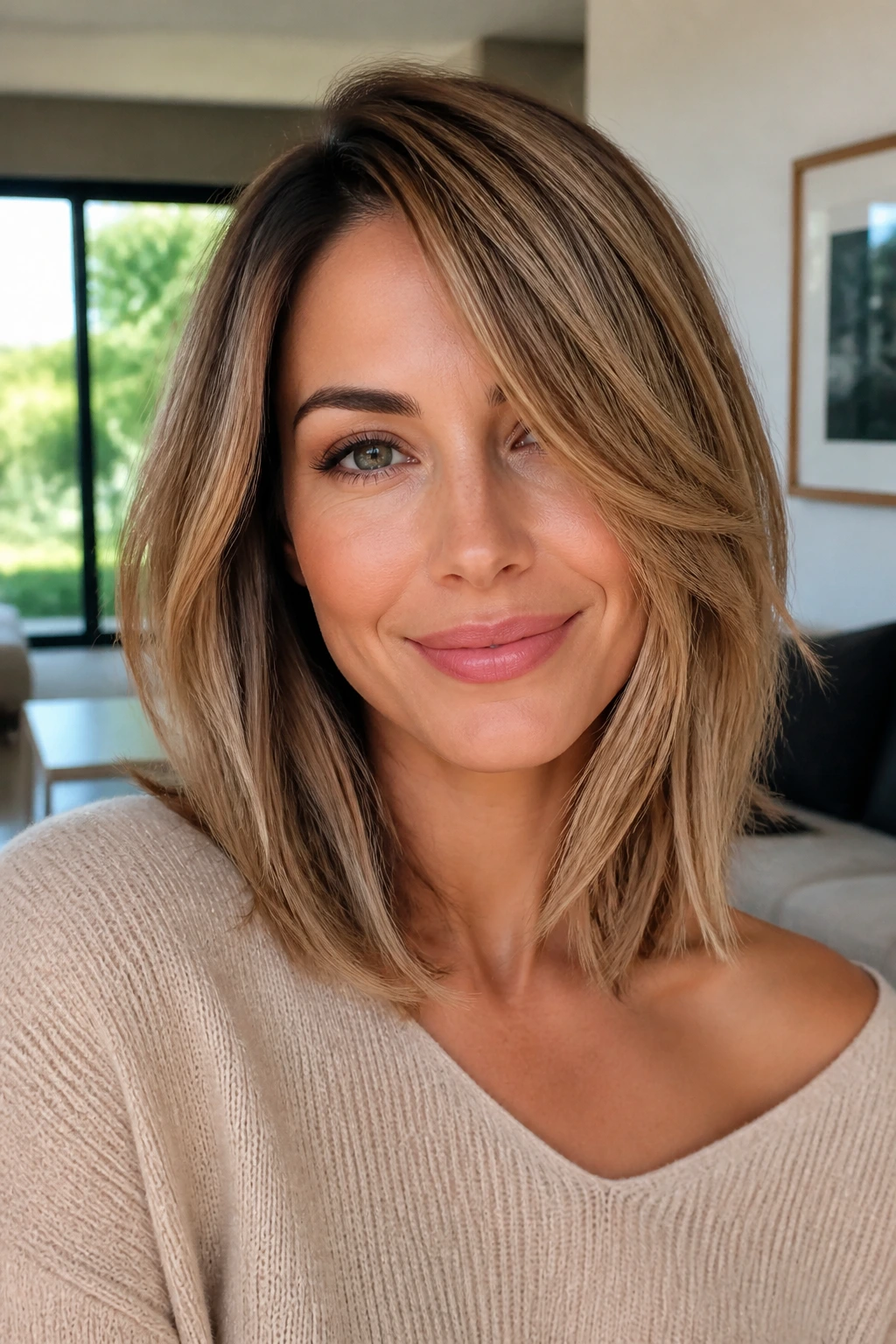 Close-up of a person with collarbone-length lob and face-framing layers