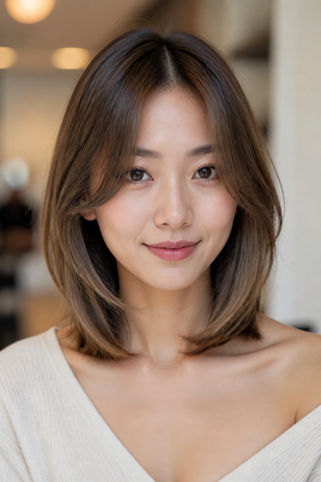 Portrait of a woman with a collarbone-length lob and soft face-framing layers.
