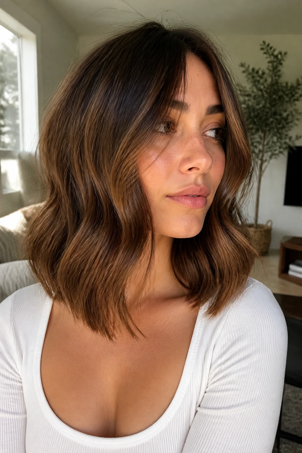 Real woman with collarbone-length lob and long face-framing pieces, close-up