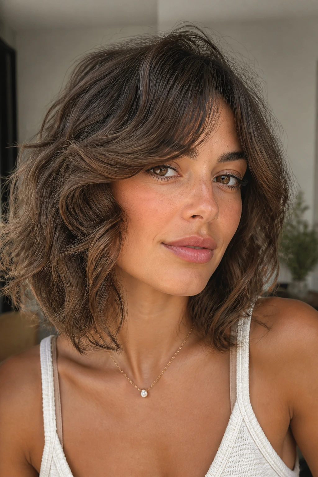 Portrait of a person with collarbone-length lob and feathered front frames
