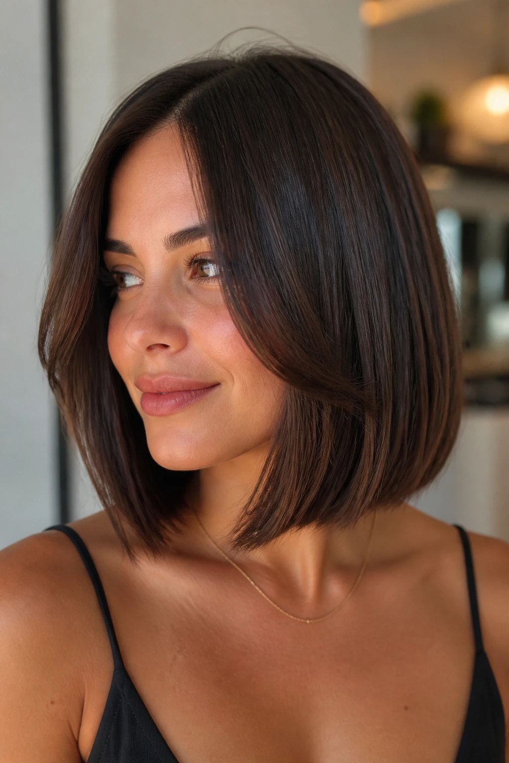 Close-up of collarbone-length lob with front framing pieces