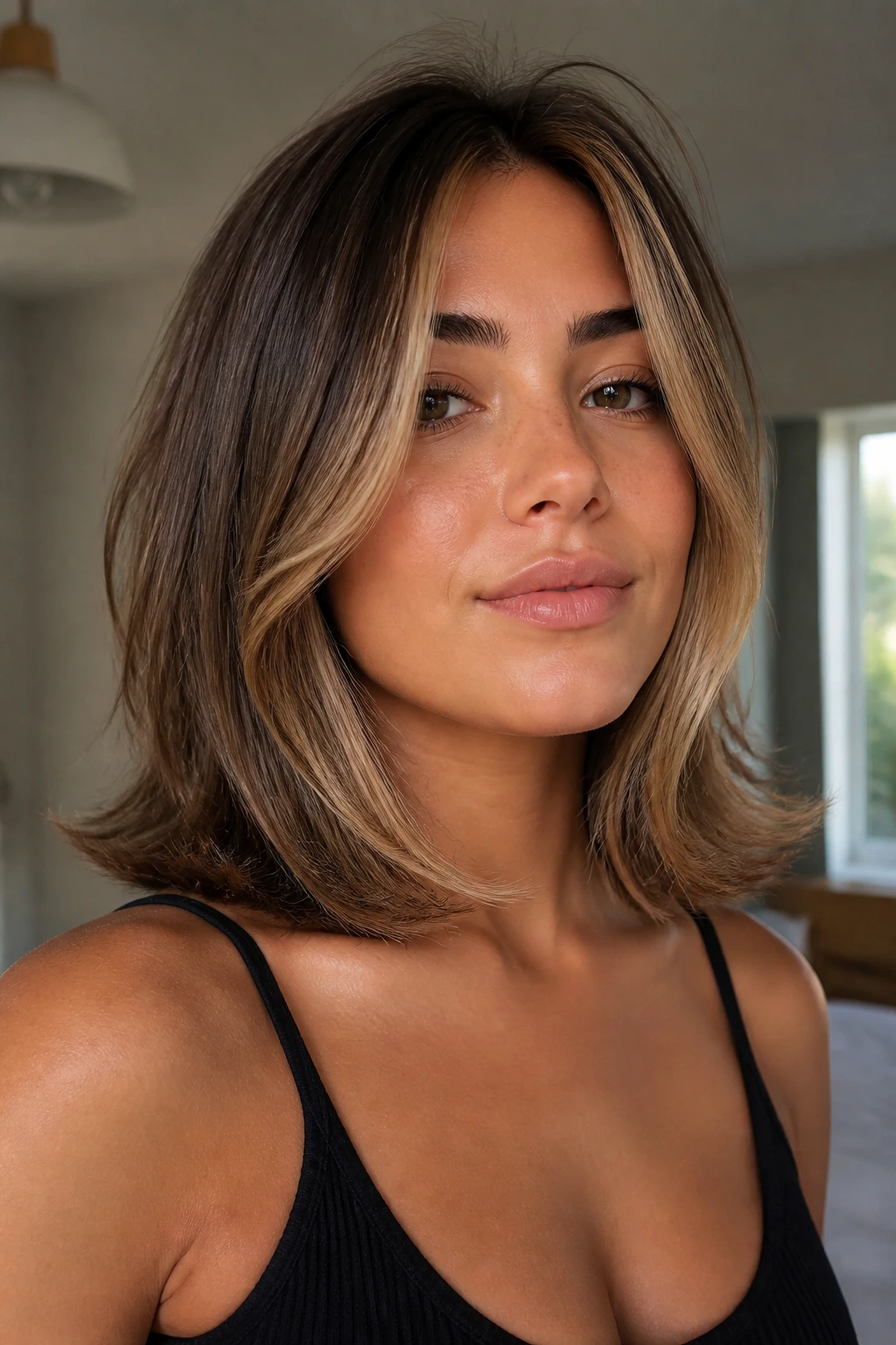 Close-up portrait of woman with collarbone-length flip-out lob and bright facial framing