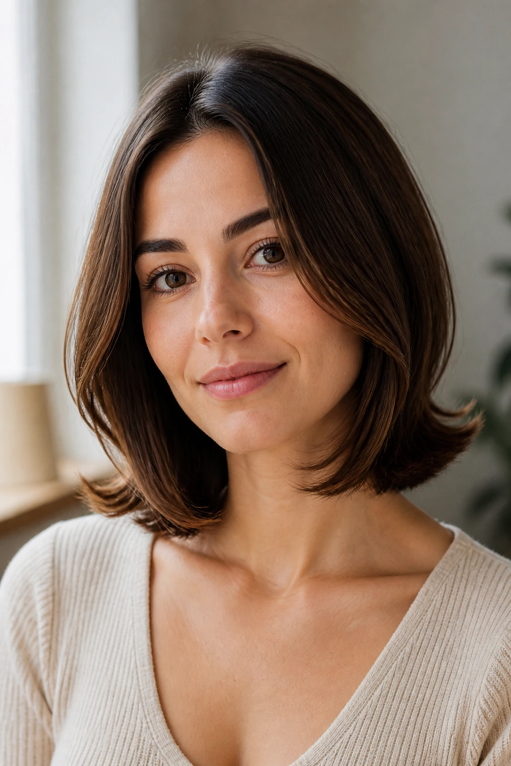 Real woman with collarbone-length lob and flipped-out ends framing the face
