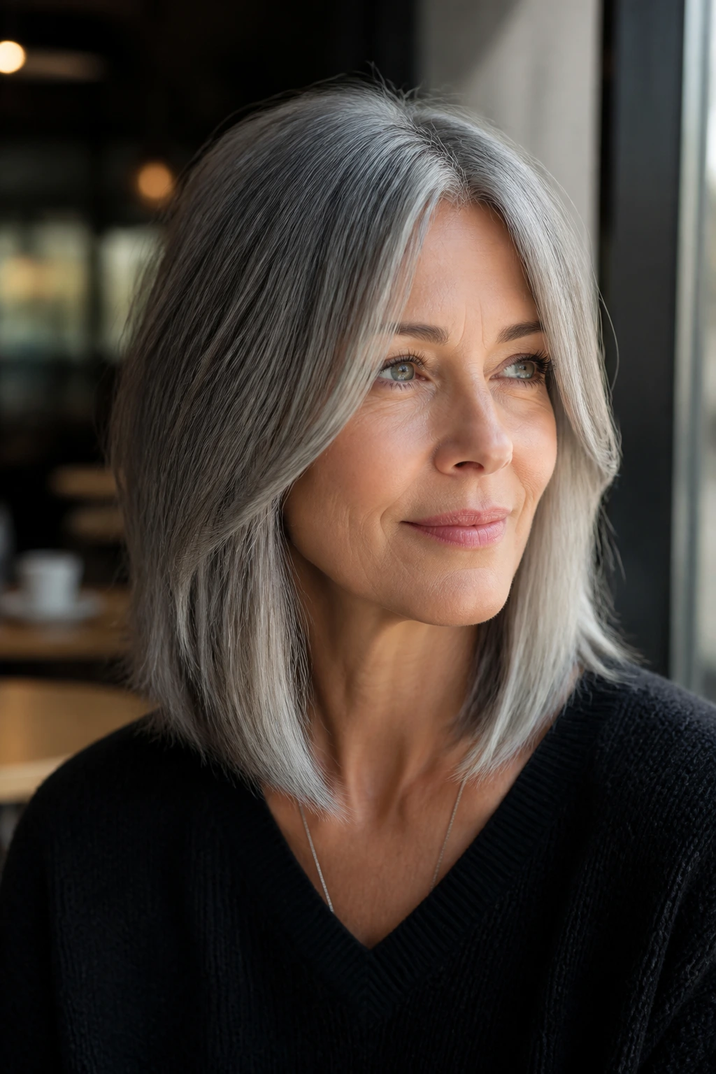 Portrait of a real woman with a collarbone-length grey lob and long face-framing pieces.