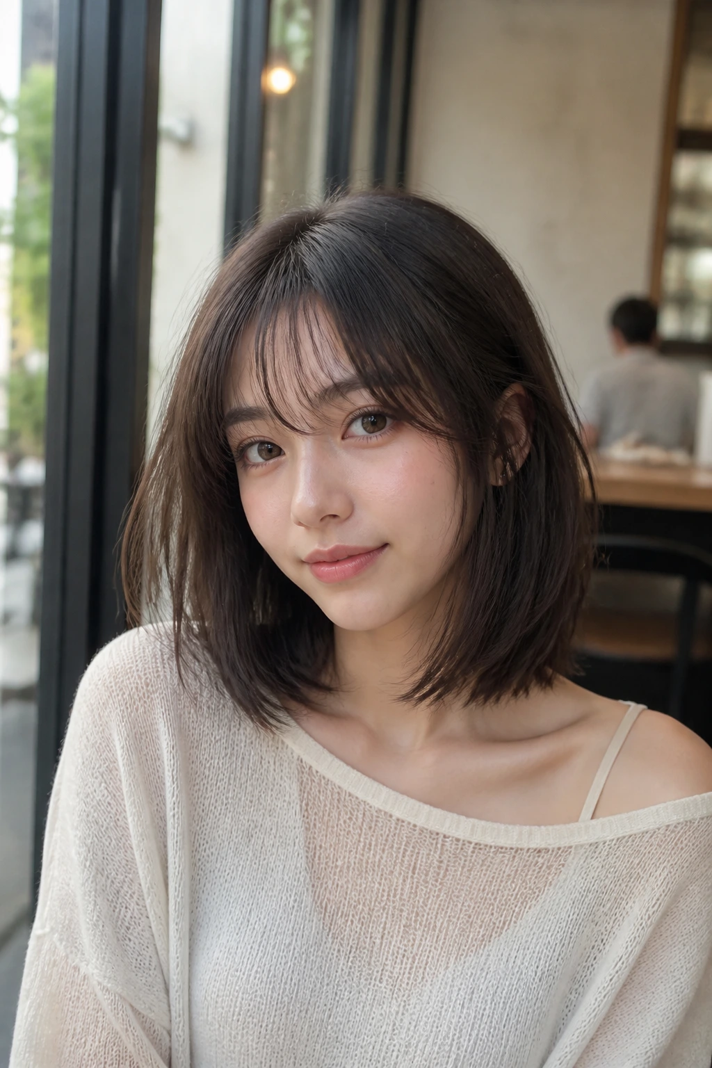 Close-up portrait of a real woman with collarbone-length lob and airy fringe by a cafe window