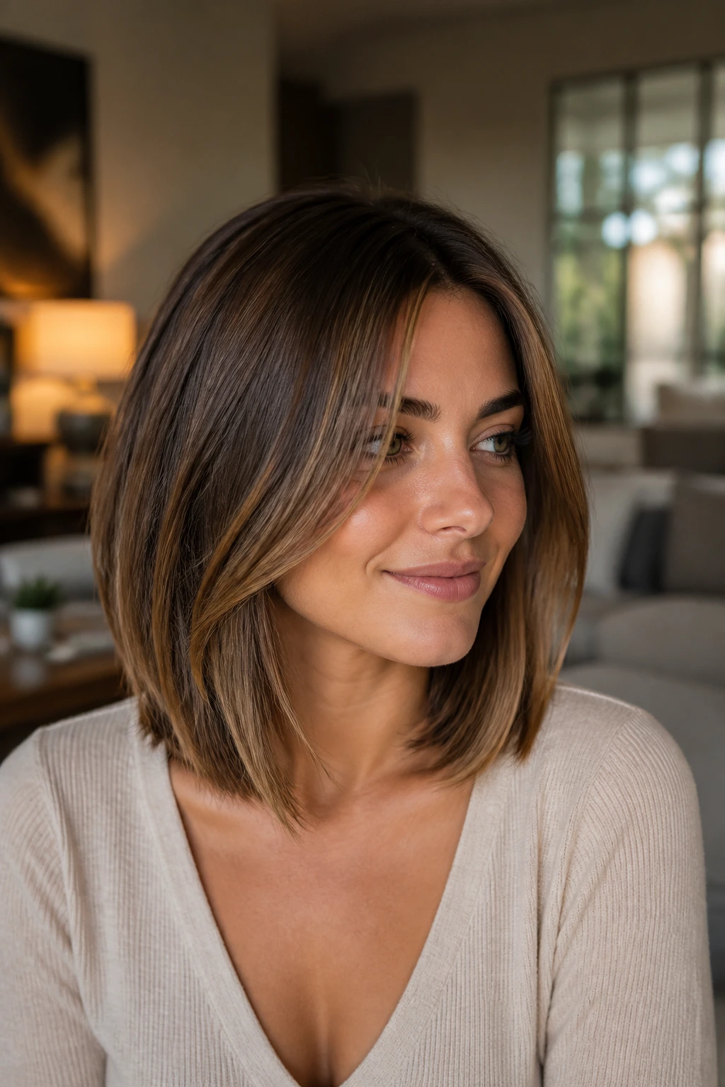 Close-up of a real person with a collarbone-length lob and soft front angles