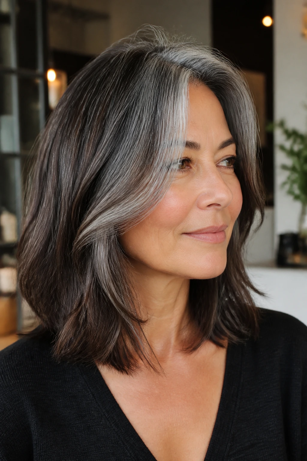 Close-up of collarbone-length lob with soft layers on a real person under warm indoor light