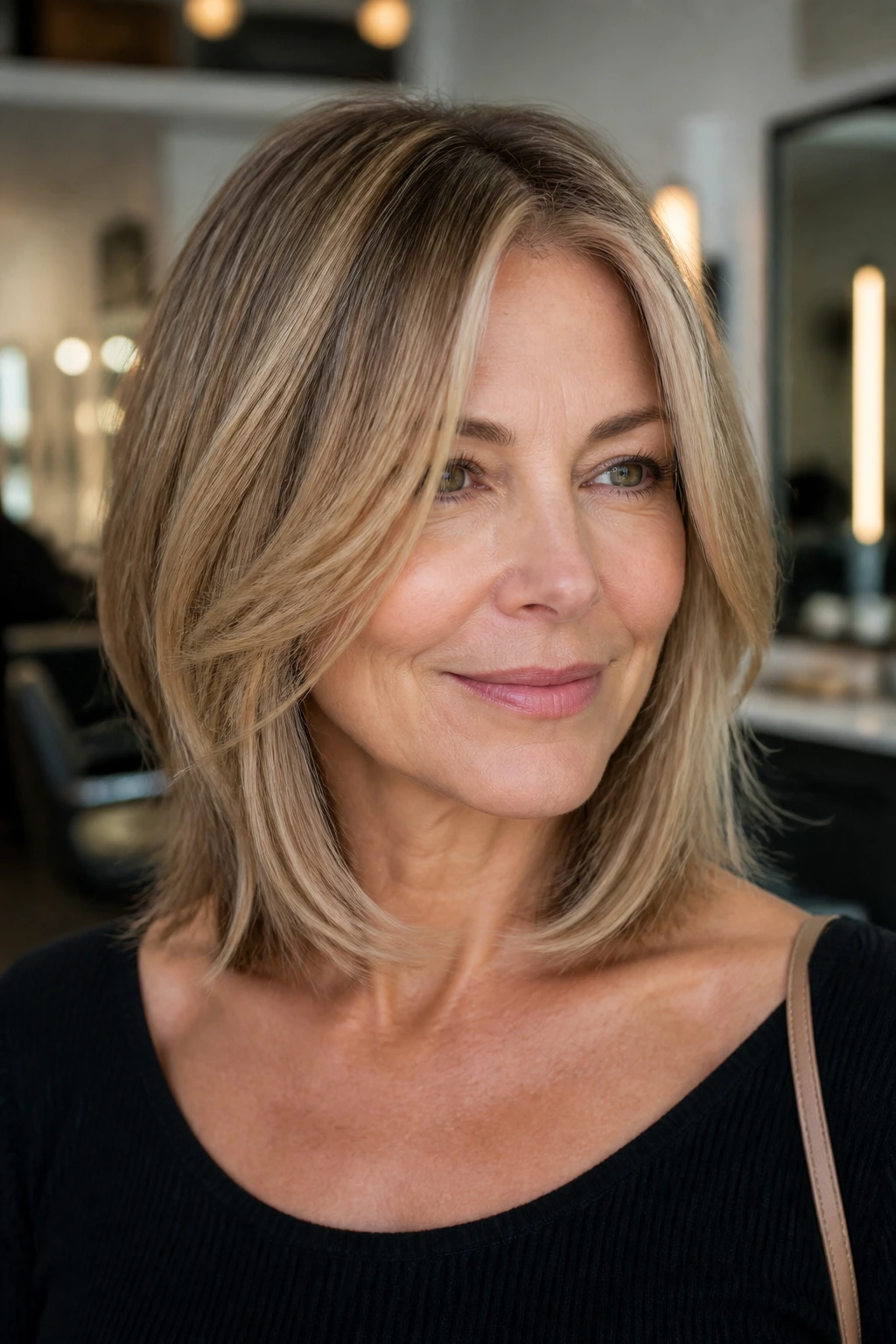 Real woman with collarbone-length lob and soft curtain layers framing the face