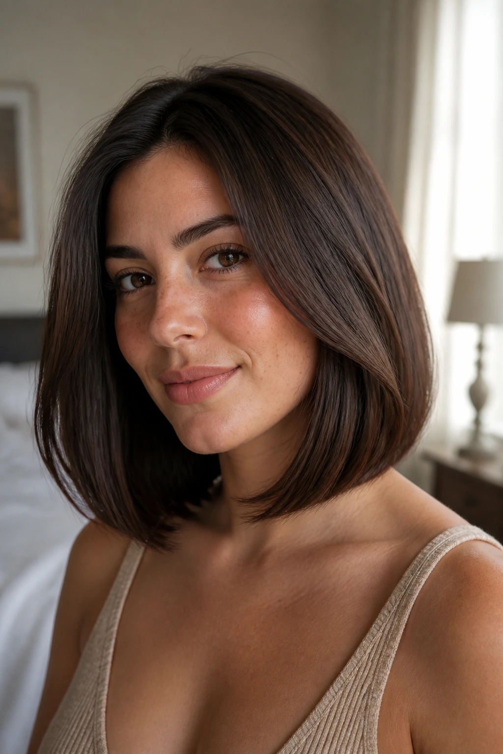 Close-up of a real person with a collarbone-length lob and soft curve, natural window light.