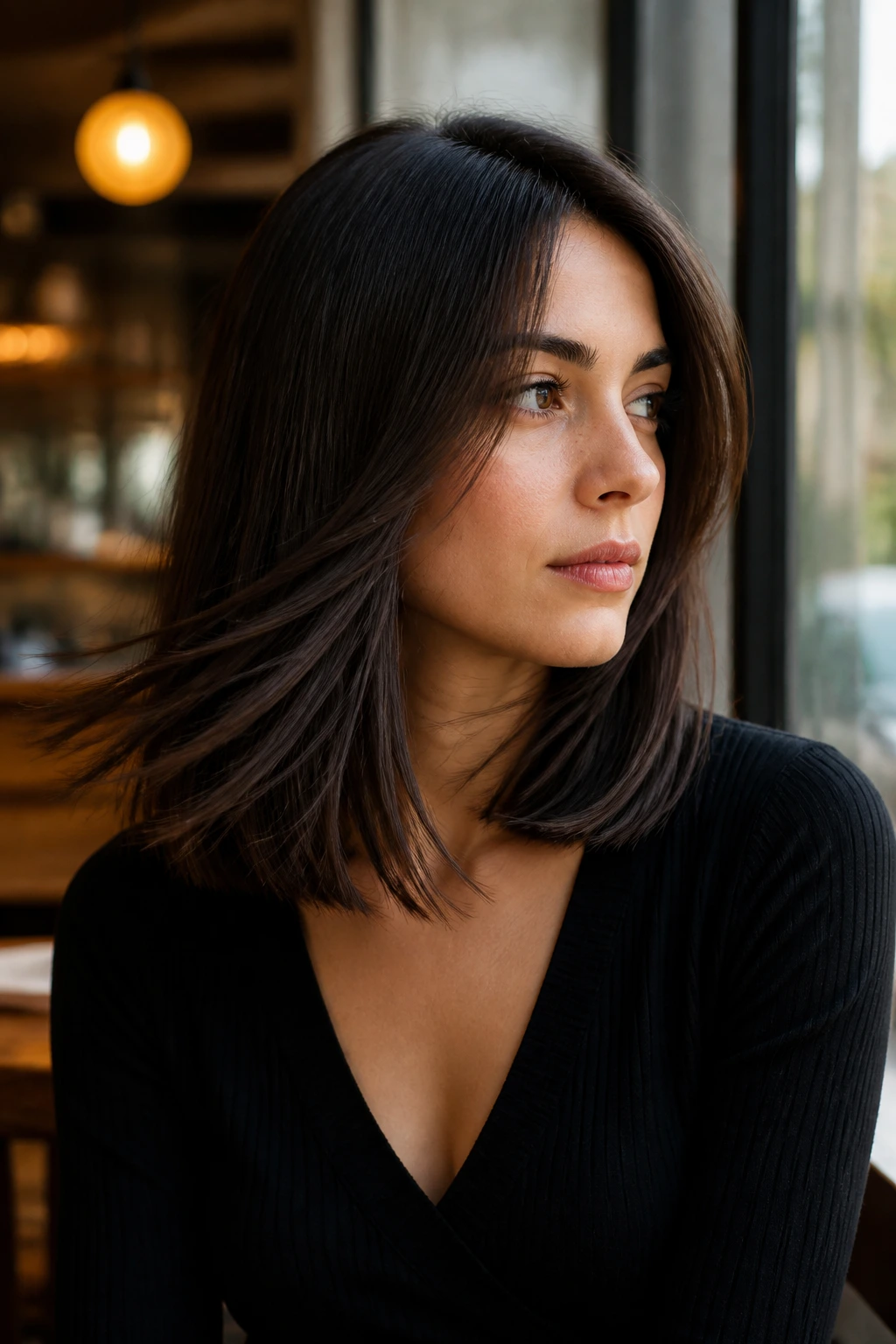 Close-up of a real woman with a collarbone-length lob in motion near a cafe window.