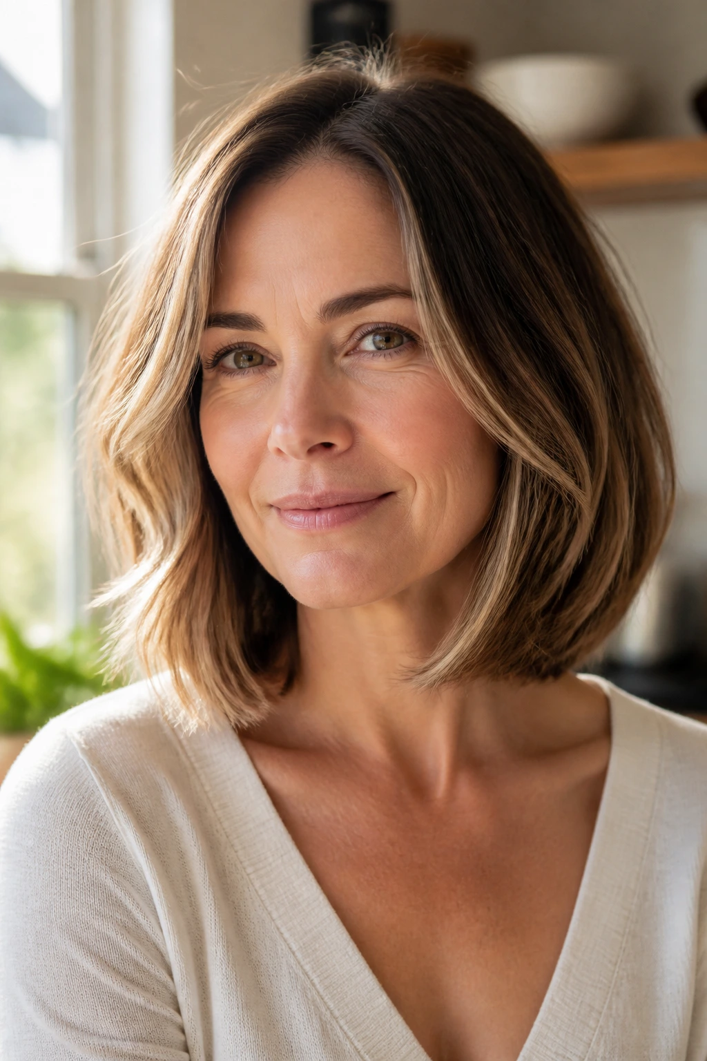 Close-up portrait of a real woman over 40 with a soft collarbone lob