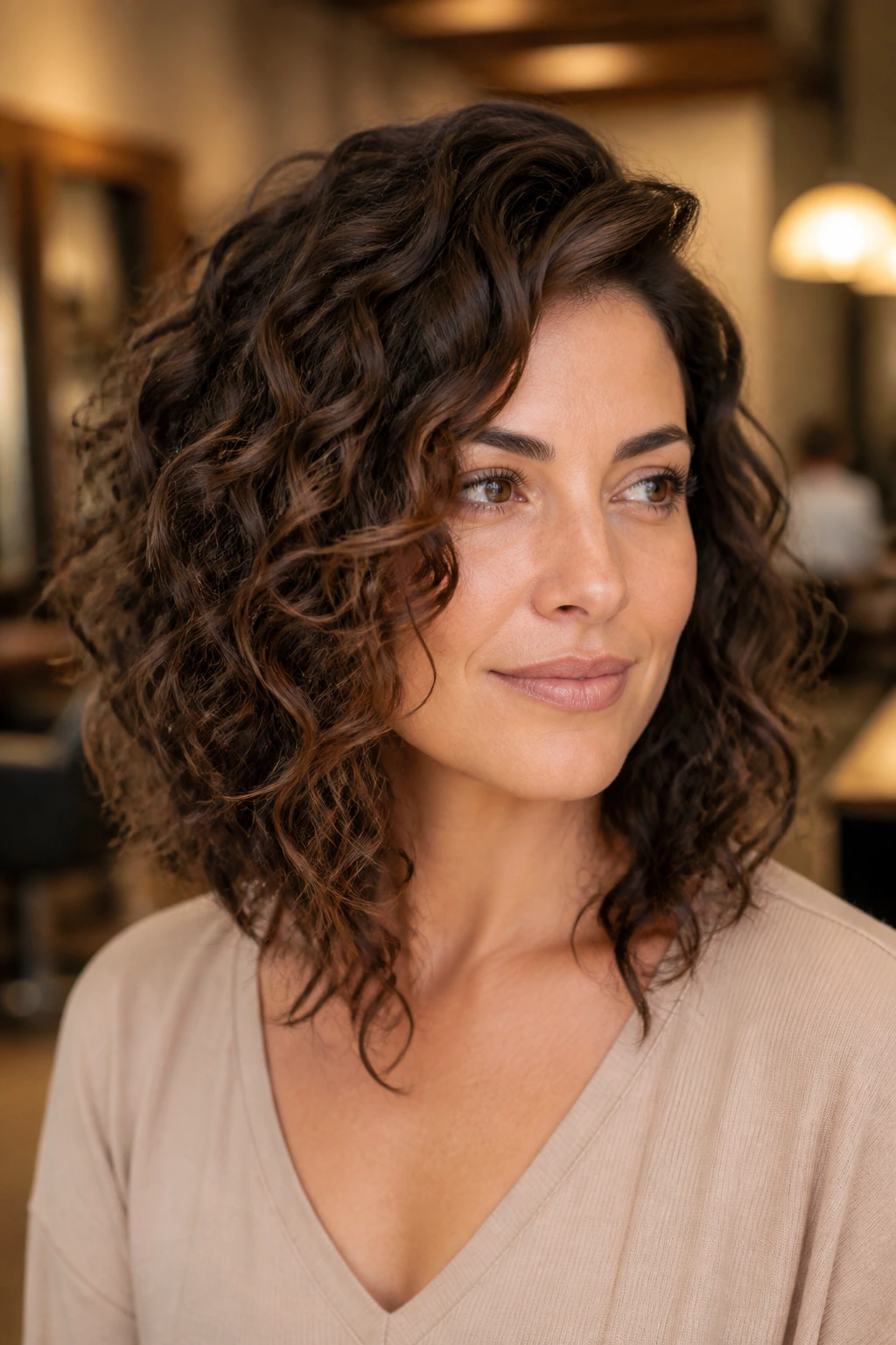 Close-up portrait showing a collarbone-length lob with longer front line on a real person