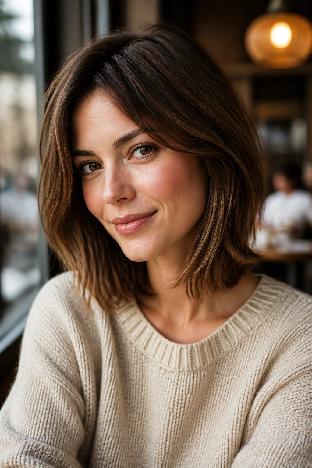 Close-up portrait of a real woman with a collarbone-length lob hairstyle in a cafe window setting