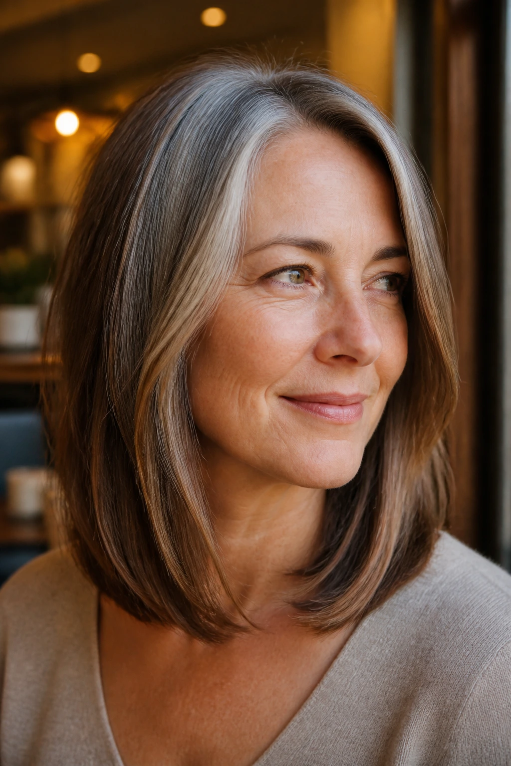 Close-up of a real person with a collarbone-length lob and soft ends in warm cafe light