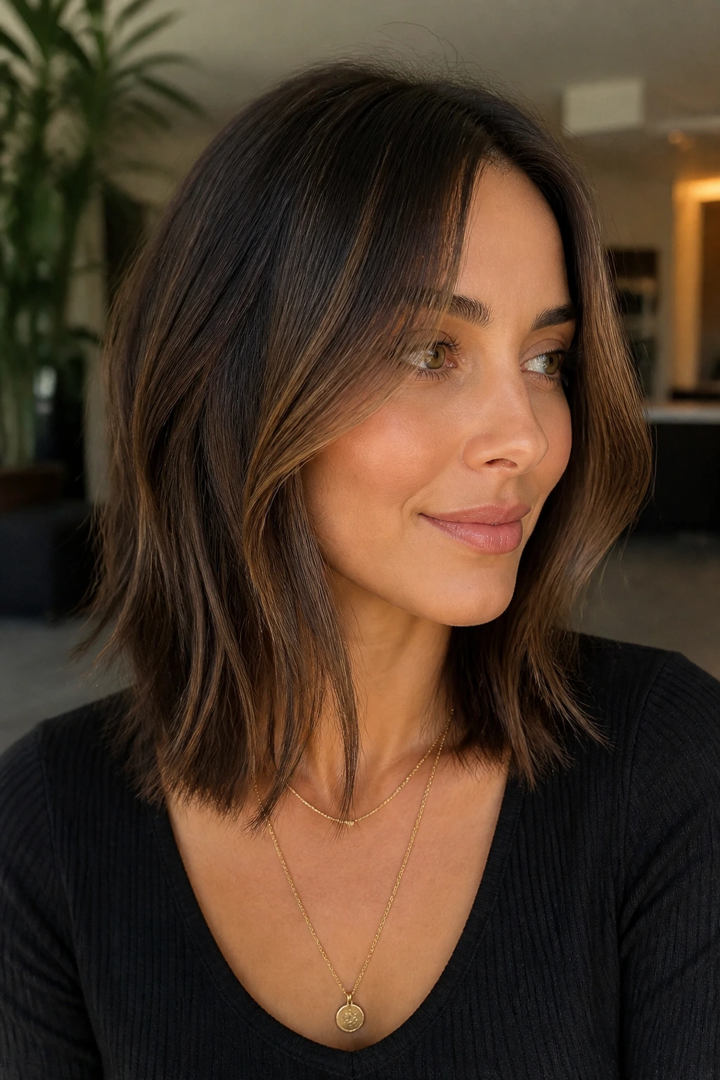 Close-up of a real woman with collarbone-length lob and soft front pieces