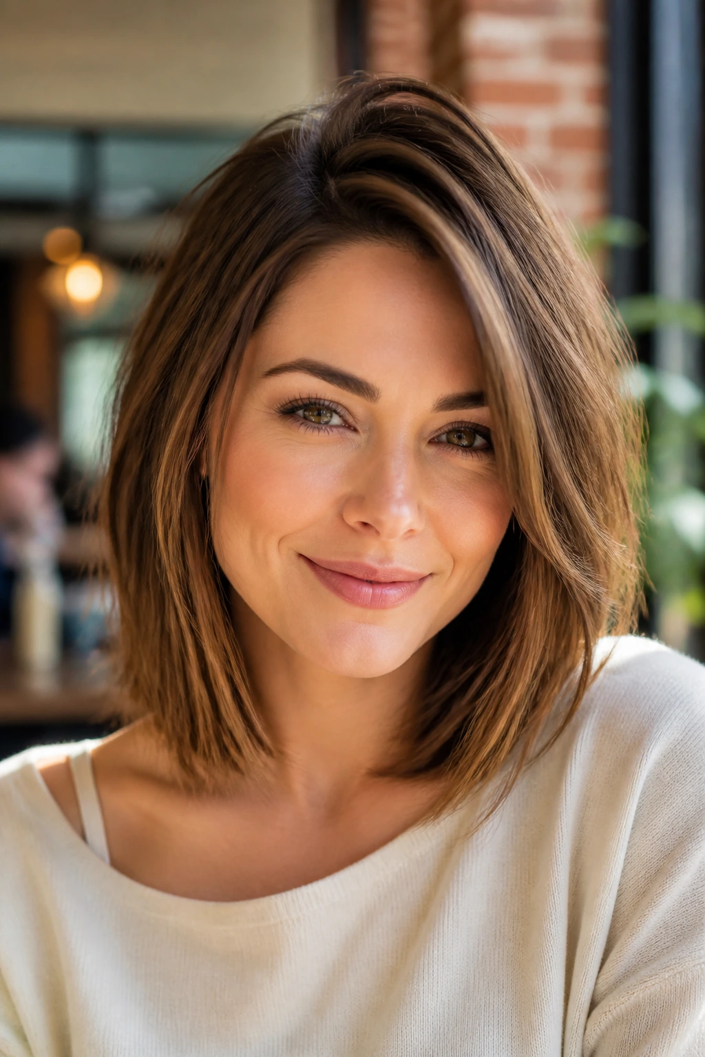Close-up portrait of a real woman showing a collarbone-length lob haircut with lift and defined shape
