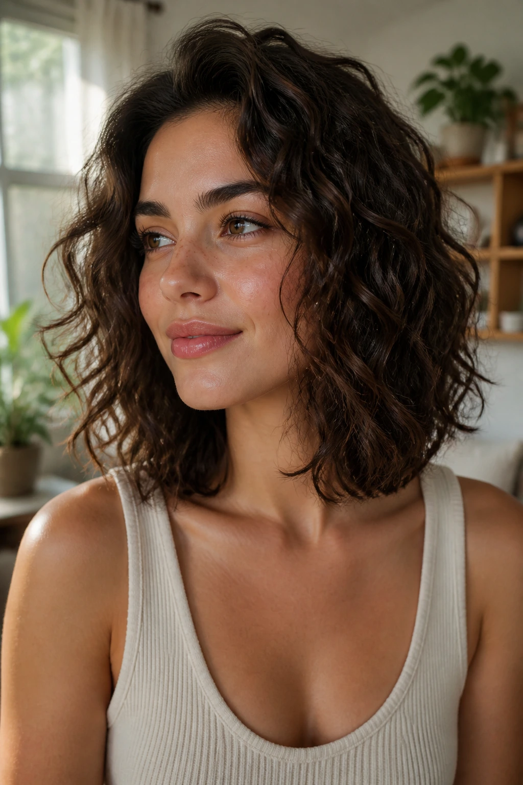 Close-up of a real woman with collarbone-length lob and clean weight line