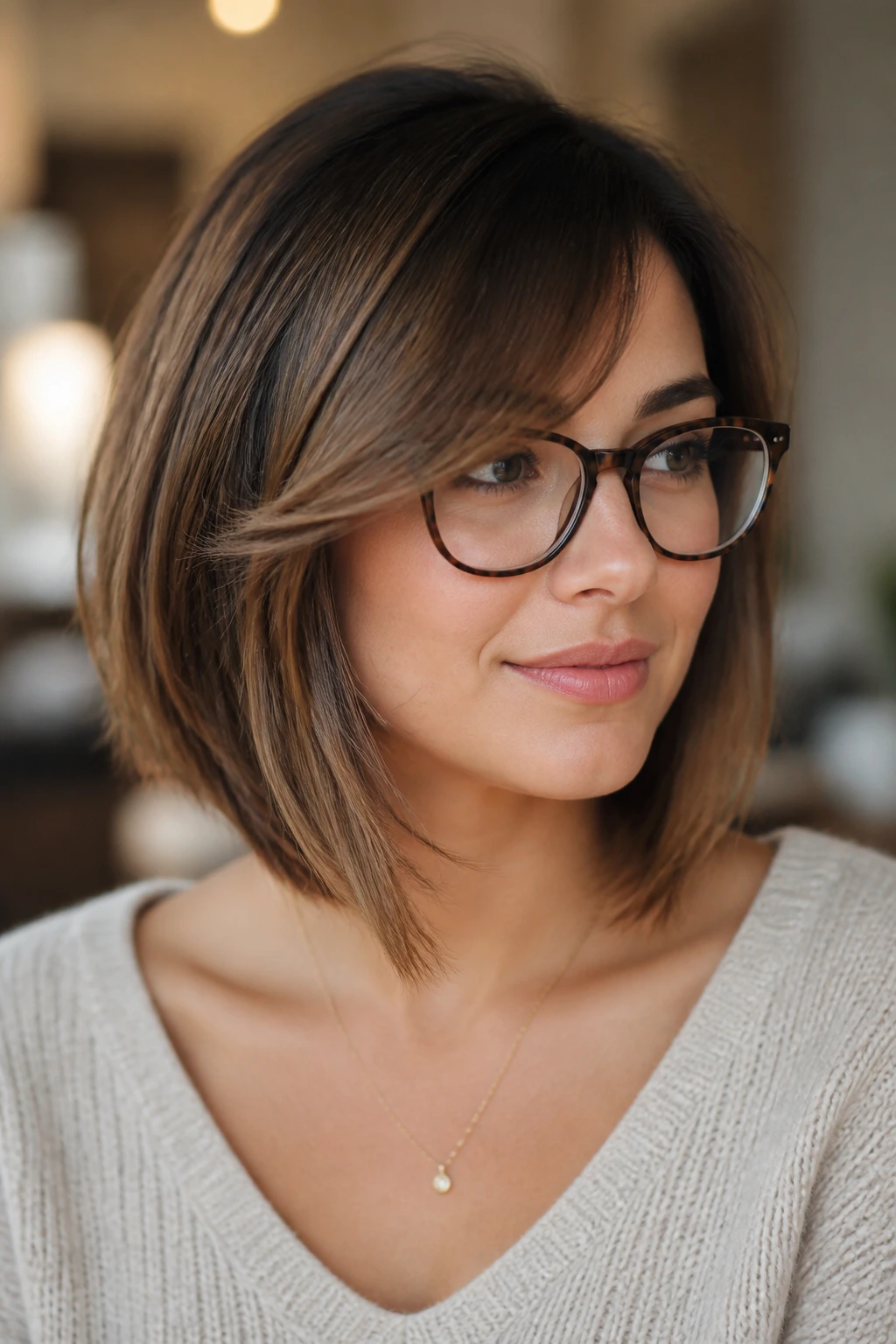 Close-up of collarbone-length lob with cheek-grazing bangs on a real person