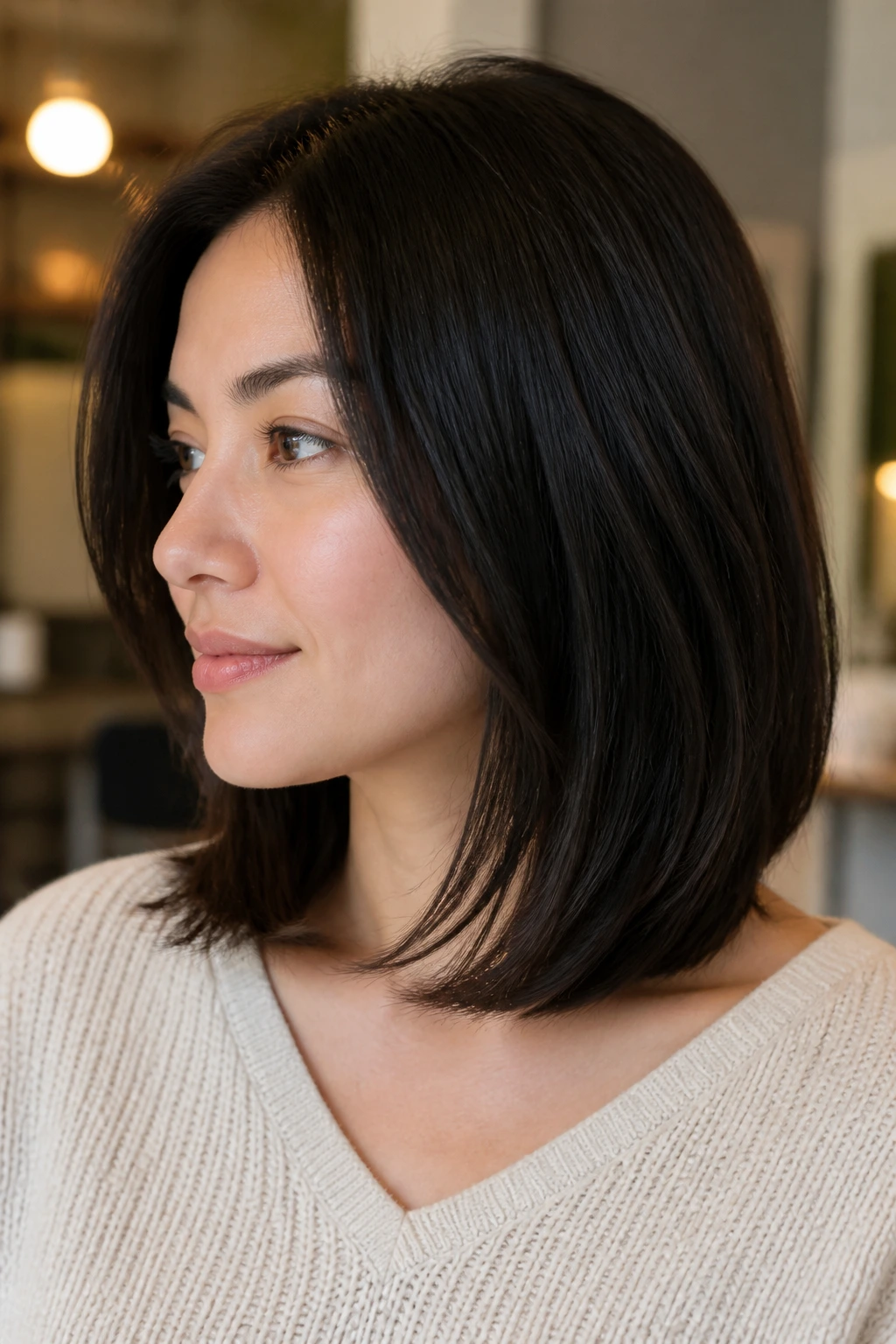 Portrait of a woman with collarbone-length lob and hidden internal layers