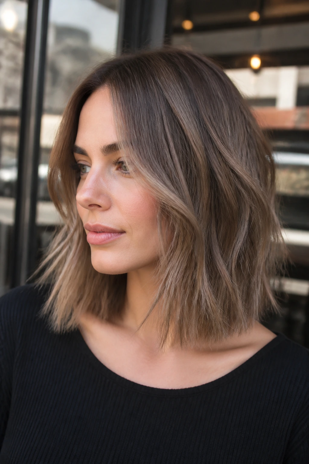 Close-up of collarbone length lob with hidden layers on a real woman