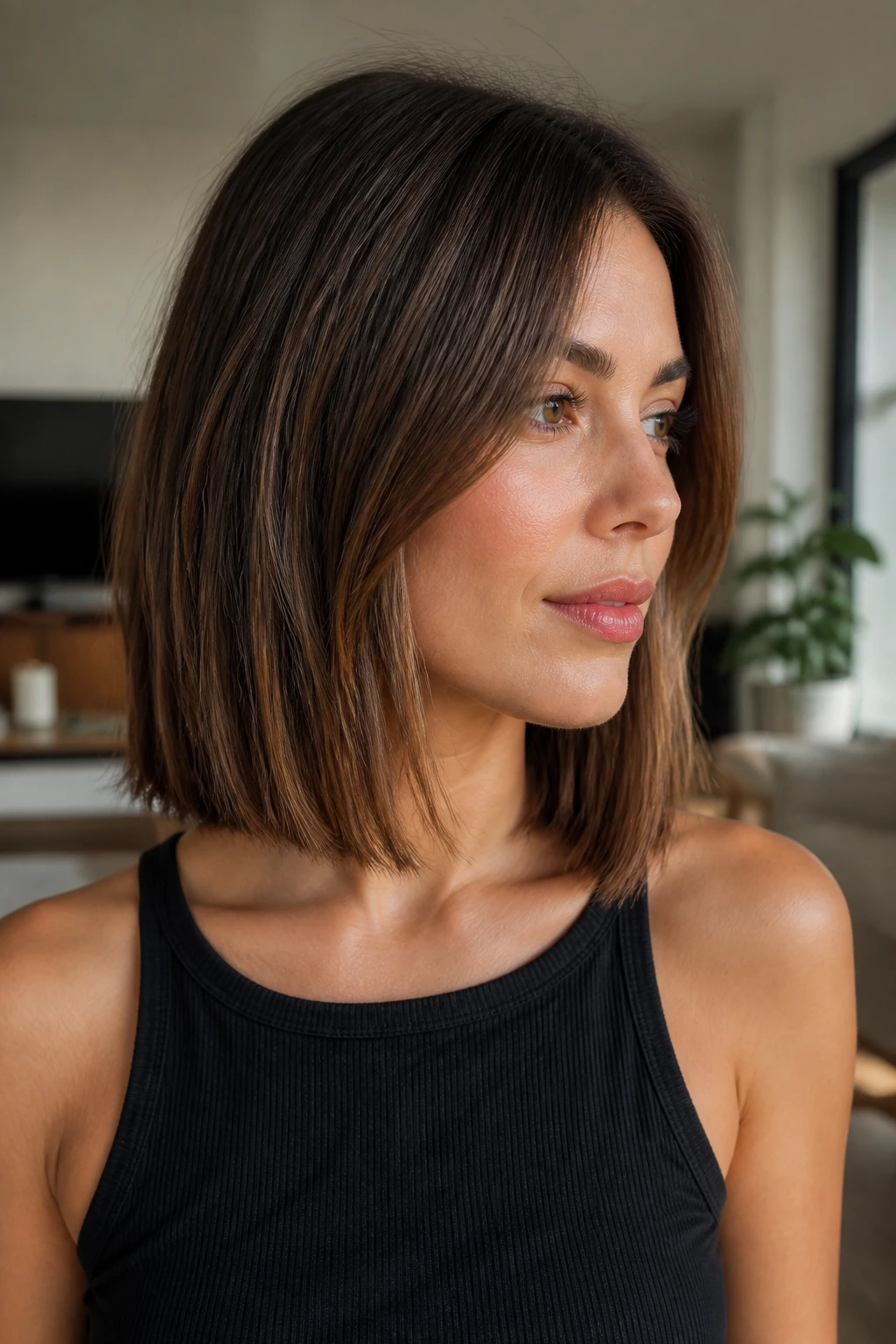 Close-up of a real person showing a collarbone-length lob with hidden layers and blunt edge