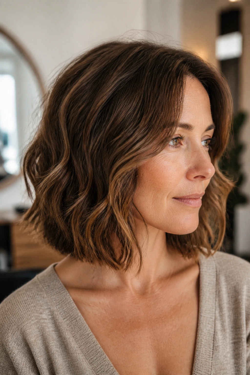 Real woman with collarbone-length lob and invisible interior layers