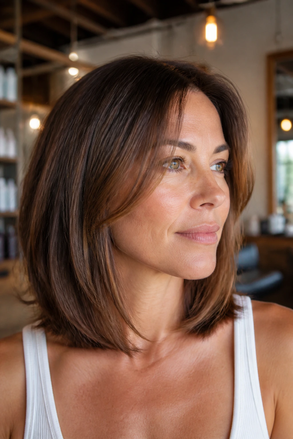 Close-up of a real woman with a collarbone-length lob showing hidden layers.