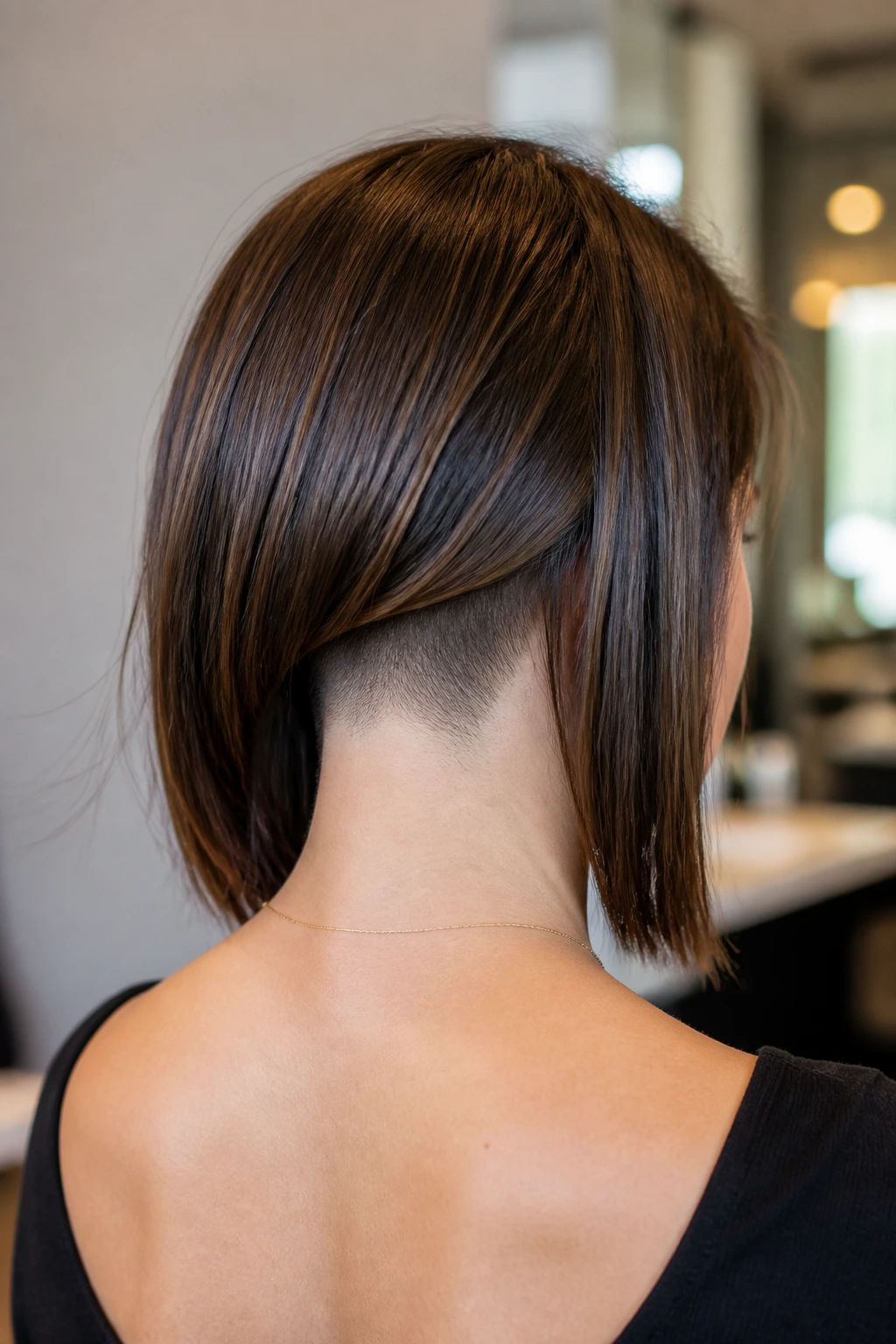 Back view of a real woman with collarbone-length lob and hidden undercut, showing clean nape and dense back.