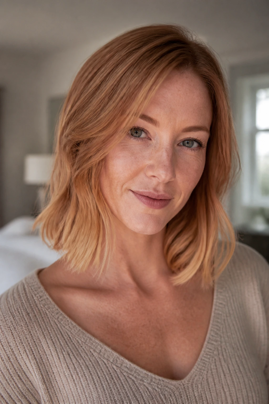 Close-up portrait of a real person with collarbone lob and honeyed ends in warm light